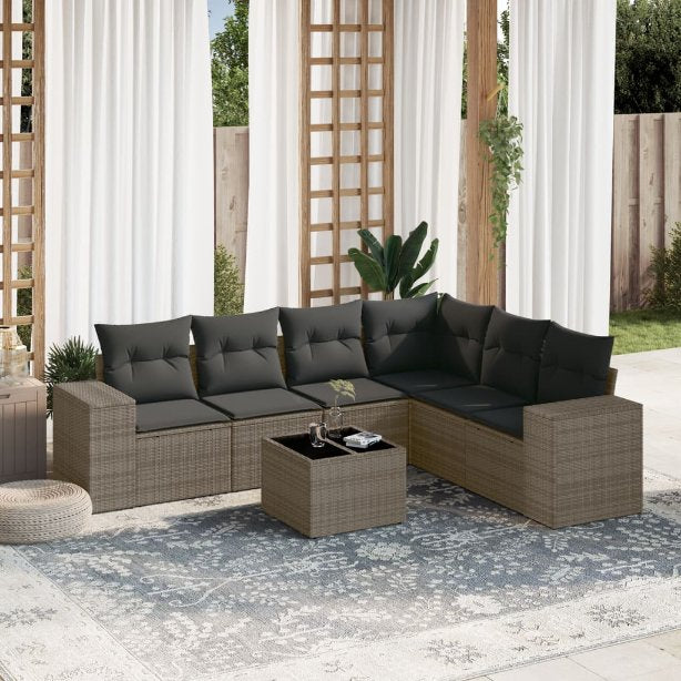 6-tlg. Garten-Sofagarnitur mit Kissen Schwarz Poly Rattan