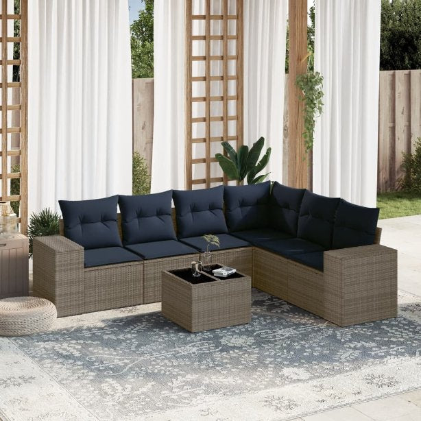 6-teiliges Gartensofa-Set mit Kissen, schwarzes Polyrattan