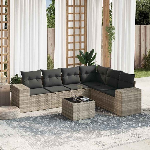 6-tlg. Garten-Sofagarnitur mit Kissen Schwarz Poly Rattan