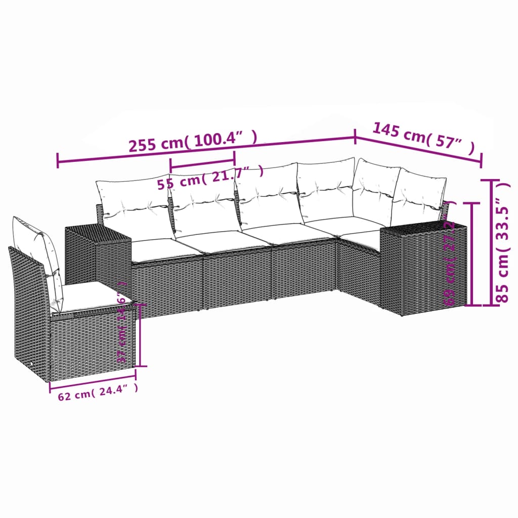6-teiliges Gartensofa-Set mit Kissen, schwarzes Polyrattan