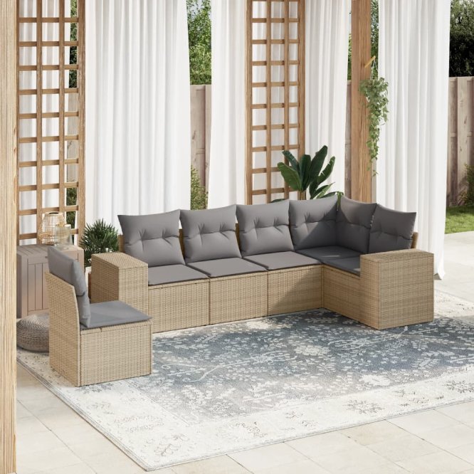 6-tlg. Garten-Sofagarnitur mit Kissen Schwarz Poly Rattan