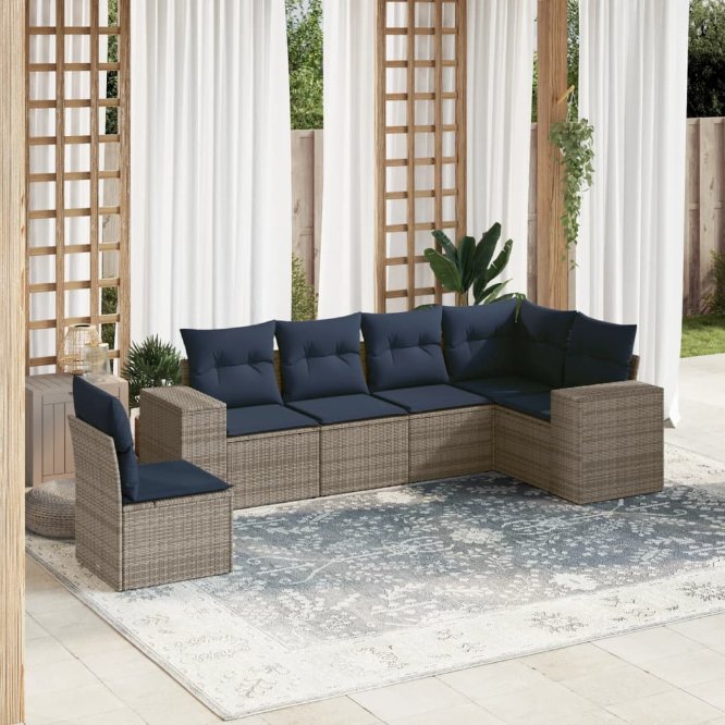 6-teiliges Gartensofa-Set mit Kissen, schwarzes Polyrattan