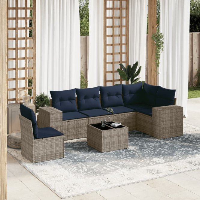 6-teiliges Gartensofa-Set mit Kissen, schwarzes Polyrattan