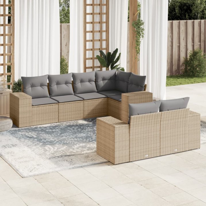 7-tlg. Garten-Sofagarnitur mit Kissen Schwarz Poly Rattan