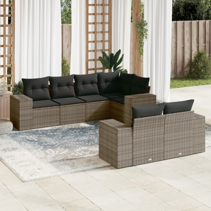 7-tlg. Garten-Sofagarnitur mit Kissen Schwarz Poly Rattan