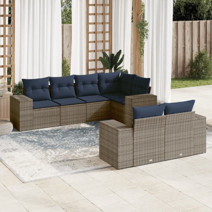7-teiliges Gartensofa-Set mit Kissen, schwarzes Polyrattan