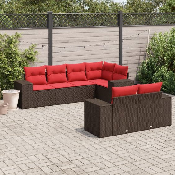 7-teiliges Gartensofa-Set mit Kissen, schwarzes Polyrattan