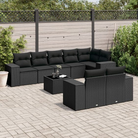 8-tlg. Garten-Sofagarnitur mit Kissen Schwarz Poly Rattan