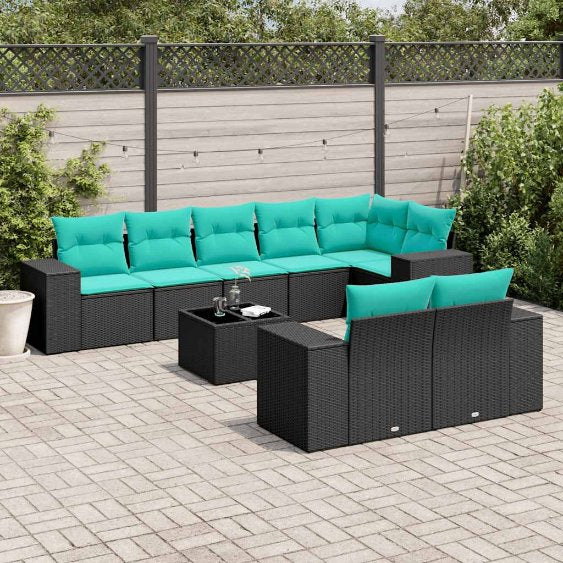 8-teiliges Gartensofa-Set mit Kissen, schwarzes Polyrattan