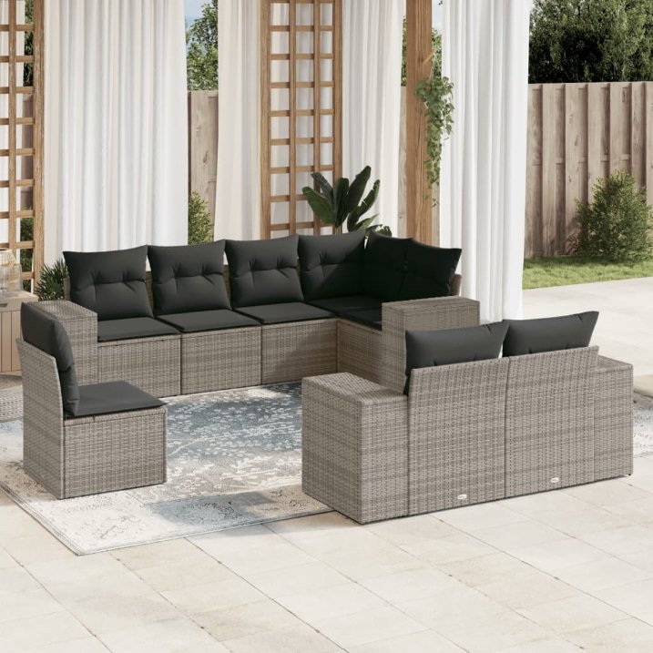 8-tlg. Garten-Sofagarnitur mit Kissen Schwarz Poly Rattan