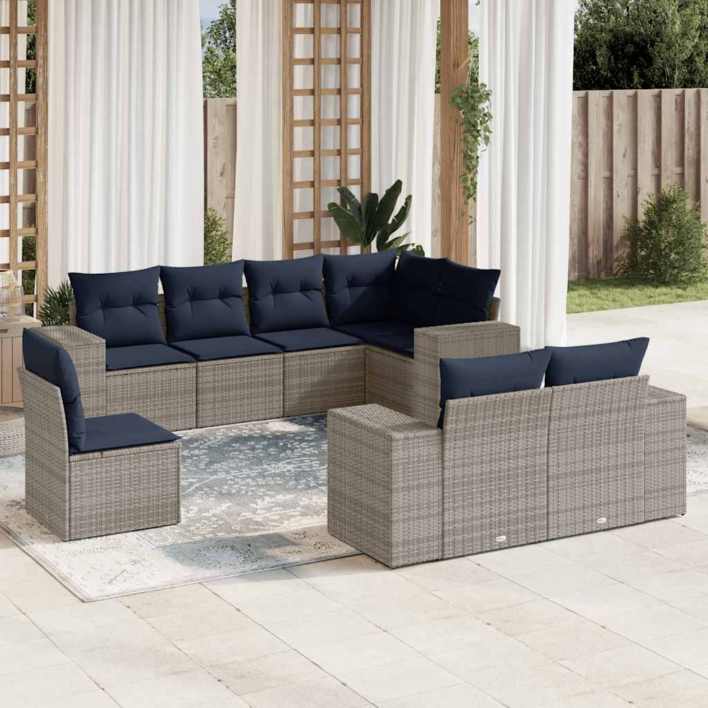 8-teiliges Gartensofa-Set mit Kissen, schwarzes Polyrattan