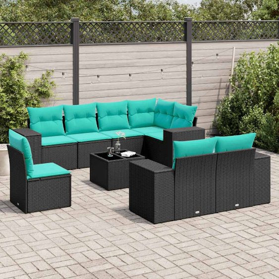 8-teiliges Gartensofa-Set mit Kissen, schwarzes Polyrattan
