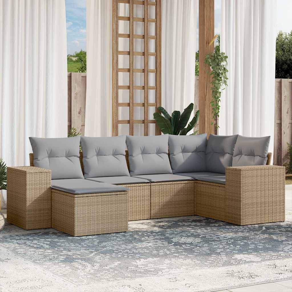 6-tlg. Garten-Sofagarnitur mit Kissen Schwarz Poly Rattan