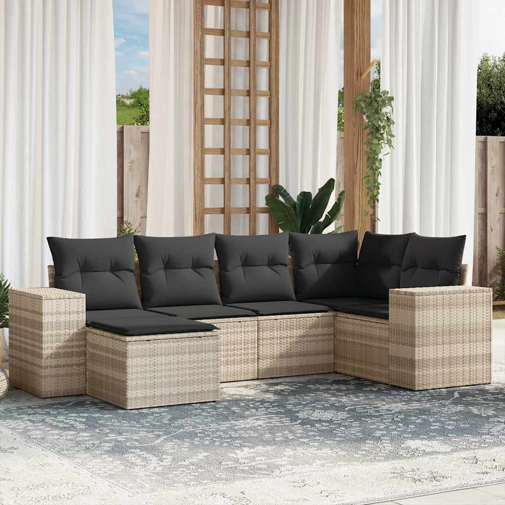 6-tlg. Garten-Sofagarnitur mit Kissen Schwarz Poly Rattan