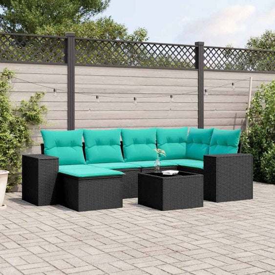 6-teiliges Gartensofa-Set mit Kissen, schwarzes Polyrattan