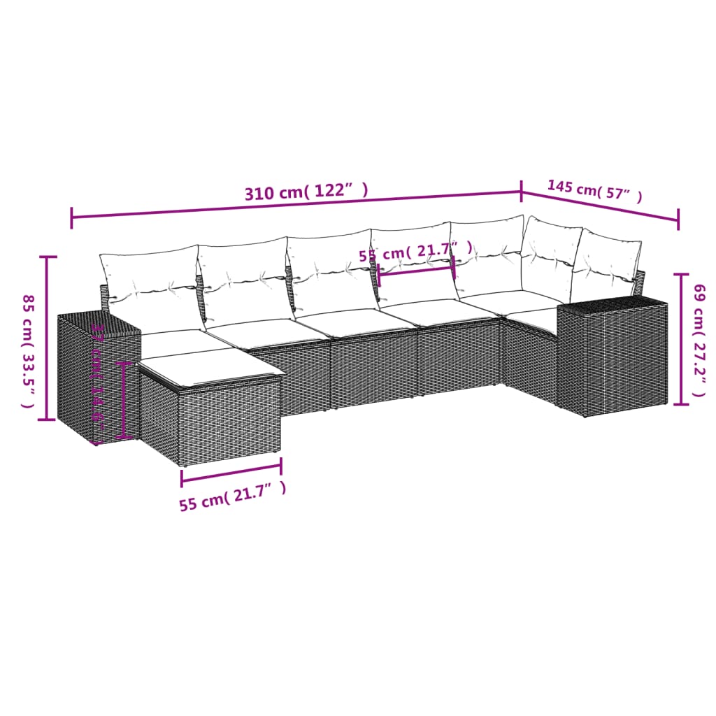 7-teiliges Gartensofa-Set mit Kissen, schwarzes Polyrattan