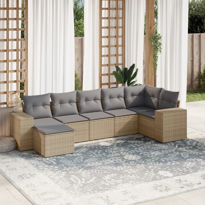 7-tlg. Garten-Sofagarnitur mit Kissen Schwarz Poly Rattan