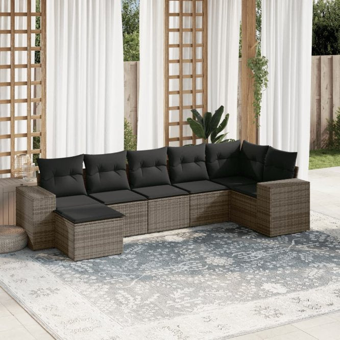 7-tlg. Garten-Sofagarnitur mit Kissen Schwarz Poly Rattan