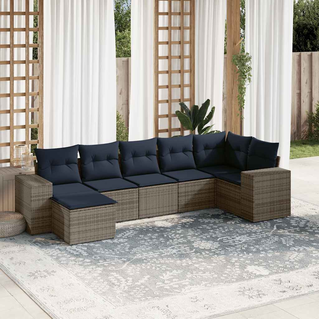 7-teiliges Gartensofa-Set mit Kissen, schwarzes Polyrattan