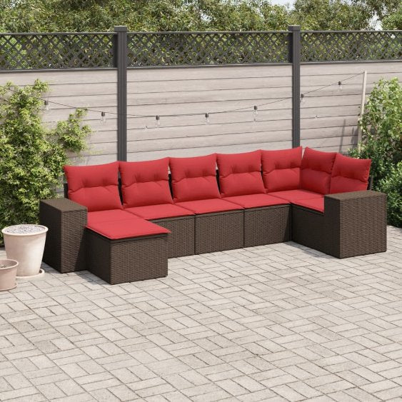 7-teiliges Gartensofa-Set mit Kissen, schwarzes Polyrattan