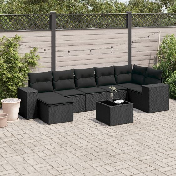 7-tlg. Garten-Sofagarnitur mit Kissen Schwarz Poly Rattan
