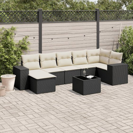 7-tlg. Garten-Sofagarnitur mit Kissen Schwarz Poly Rattan