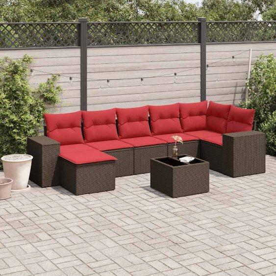 7-teiliges Gartensofa-Set mit Kissen, schwarzes Polyrattan