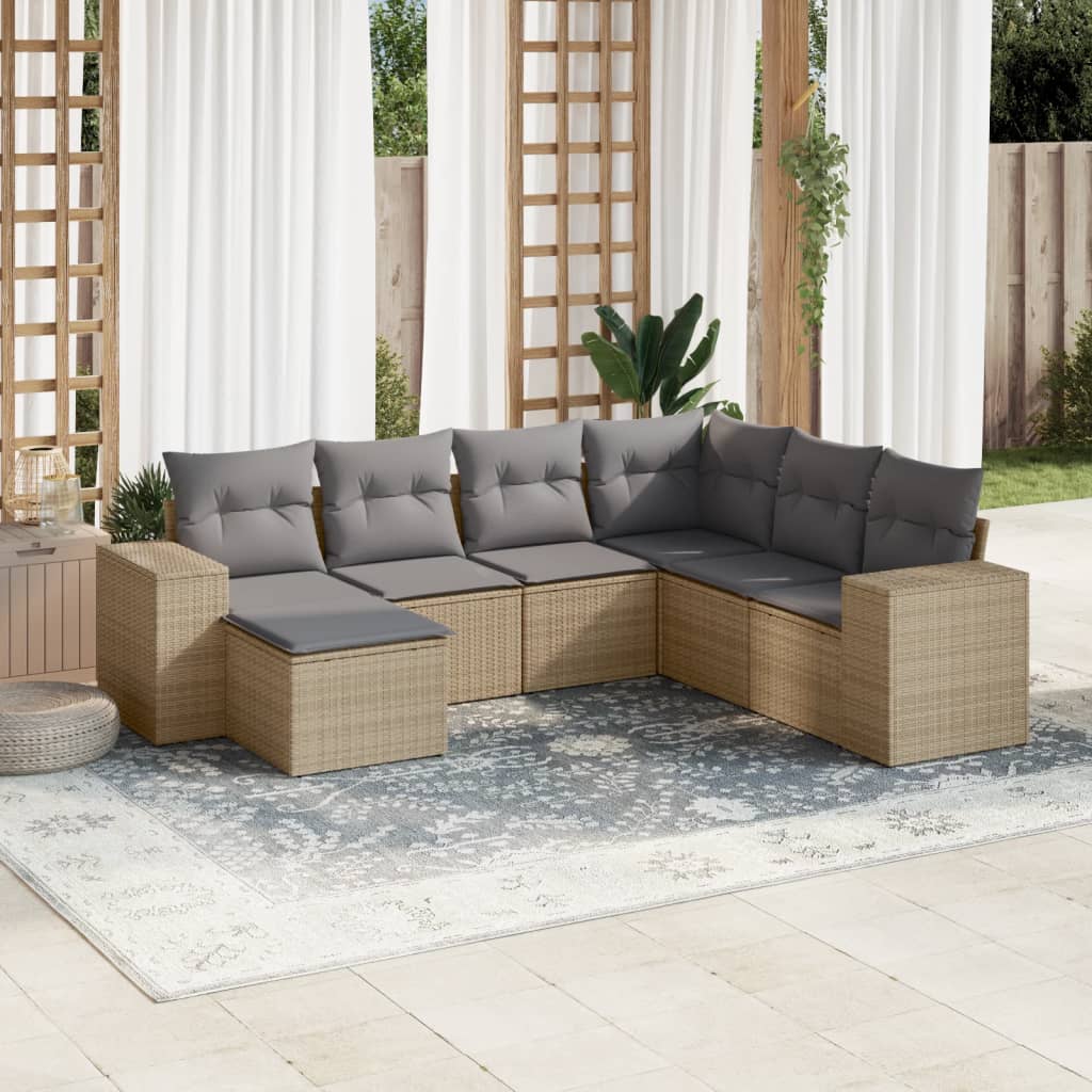 7-tlg. Garten-Sofagarnitur mit Kissen Schwarz Poly Rattan