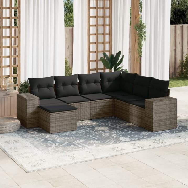 7-tlg. Garten-Sofagarnitur mit Kissen Schwarz Poly Rattan