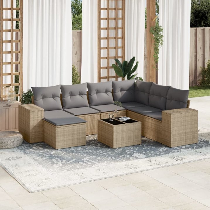 7-tlg. Garten-Sofagarnitur mit Kissen Schwarz Poly Rattan