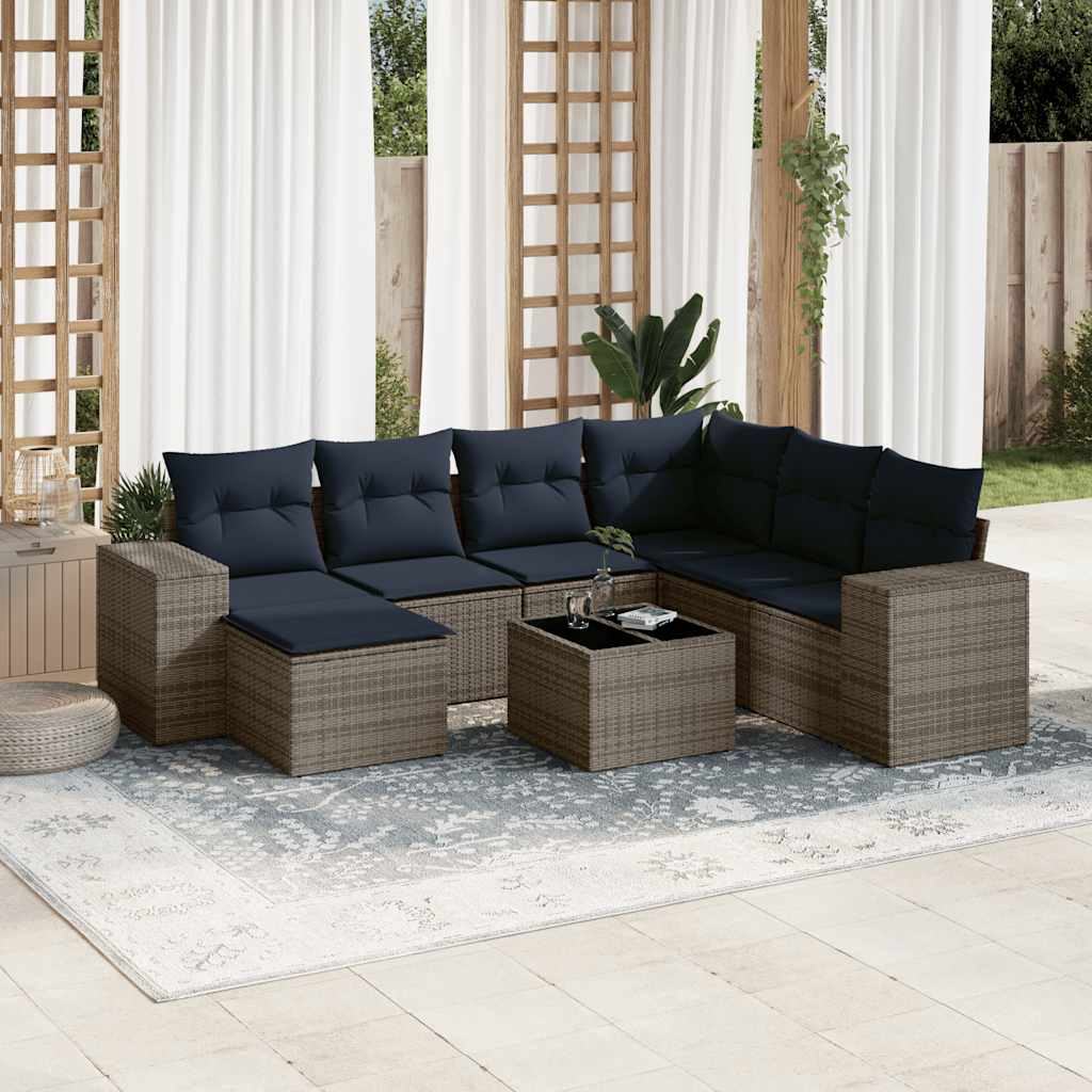 7-teiliges Gartensofa-Set mit Kissen, schwarzes Polyrattan