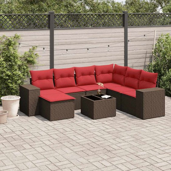 7-teiliges Gartensofa-Set mit Kissen, schwarzes Polyrattan