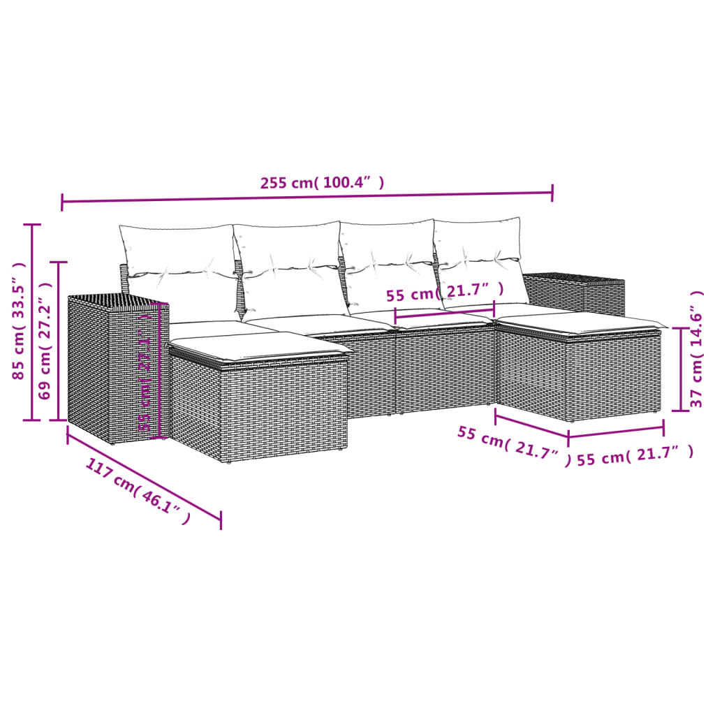 6-teiliges Gartensofa-Set mit Kissen, schwarzes Polyrattan