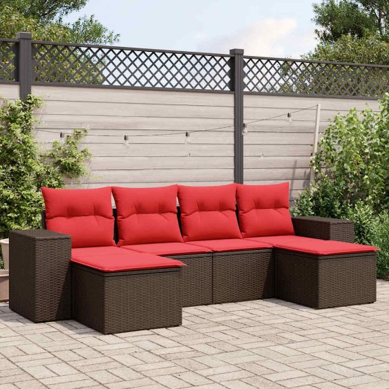 6-teiliges Gartensofa-Set mit Kissen, schwarzes Polyrattan