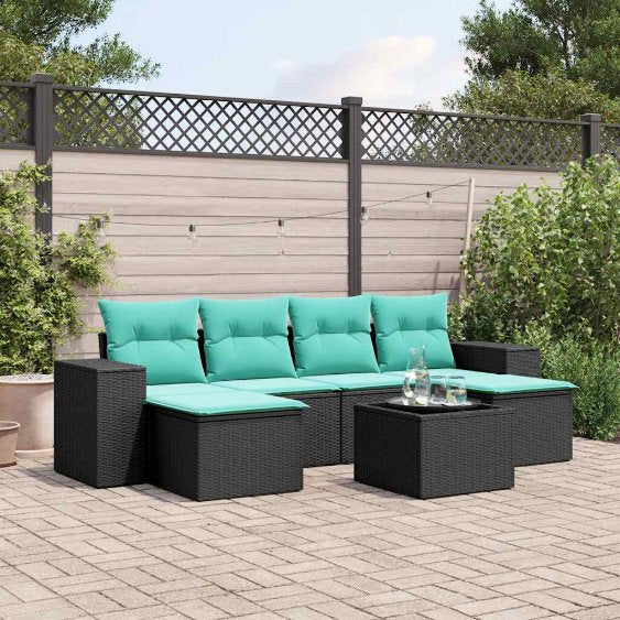 6-teiliges Gartensofa-Set mit Kissen, schwarzes Polyrattan