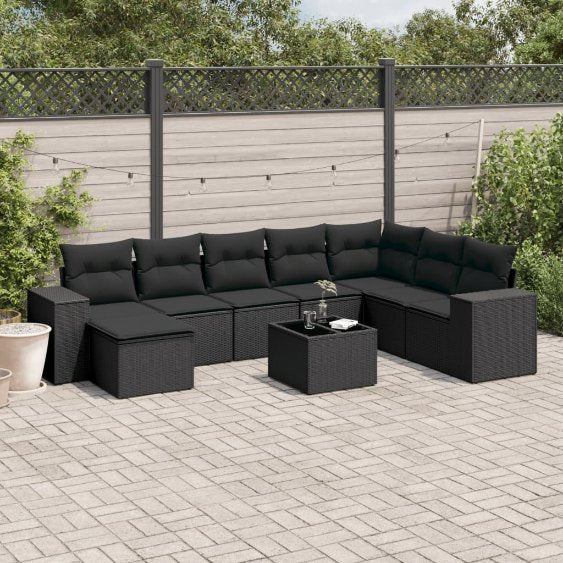 8-tlg. Garten-Sofagarnitur mit Kissen Schwarz Poly Rattan