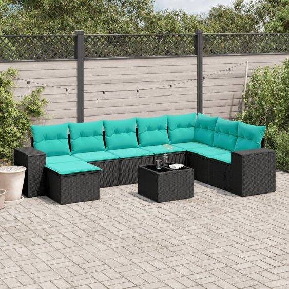 8-teiliges Gartensofa-Set mit Kissen, schwarzes Polyrattan