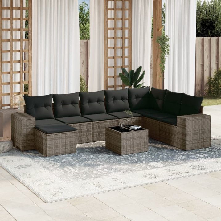 8-tlg. Garten-Sofagarnitur mit Kissen Schwarz Poly Rattan