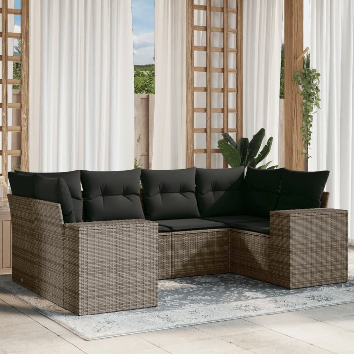 6-tlg. Garten-Sofagarnitur mit Kissen Schwarz Poly Rattan