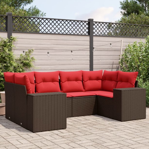 6-teiliges Gartensofa-Set mit Kissen, schwarzes Polyrattan