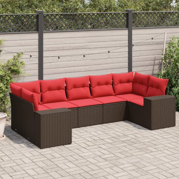 7-teiliges Gartensofa-Set mit Kissen, schwarzes Polyrattan