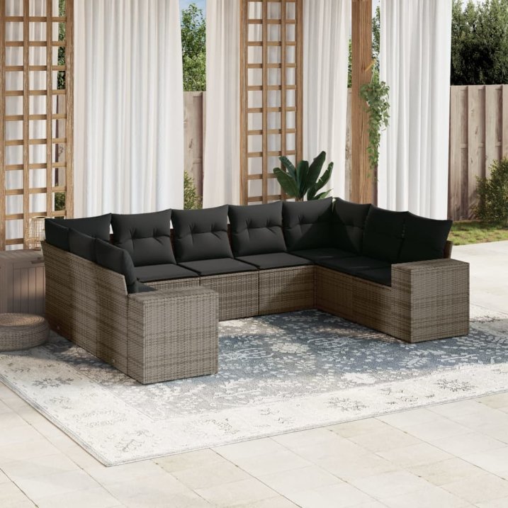 9-tlg. Garten-Sofagarnitur mit Kissen Schwarz Poly Rattan