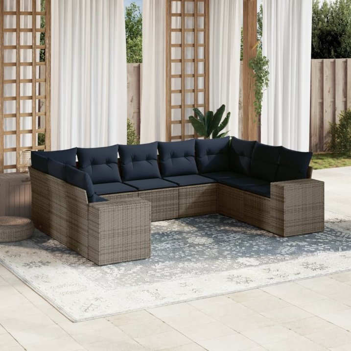 9-teiliges Gartensofa-Set mit Kissen, schwarzes Polyrattan