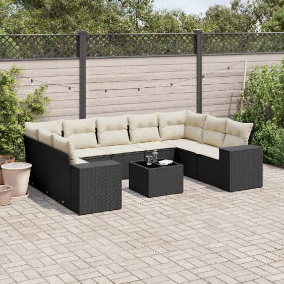 9-tlg. Garten-Sofagarnitur mit Kissen Schwarz Poly Rattan
