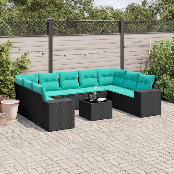 9-teiliges Gartensofa-Set mit Kissen, schwarzes Polyrattan