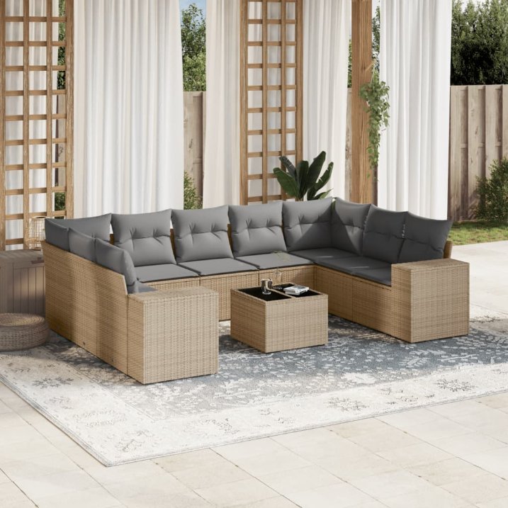 9-tlg. Garten-Sofagarnitur mit Kissen Schwarz Poly Rattan
