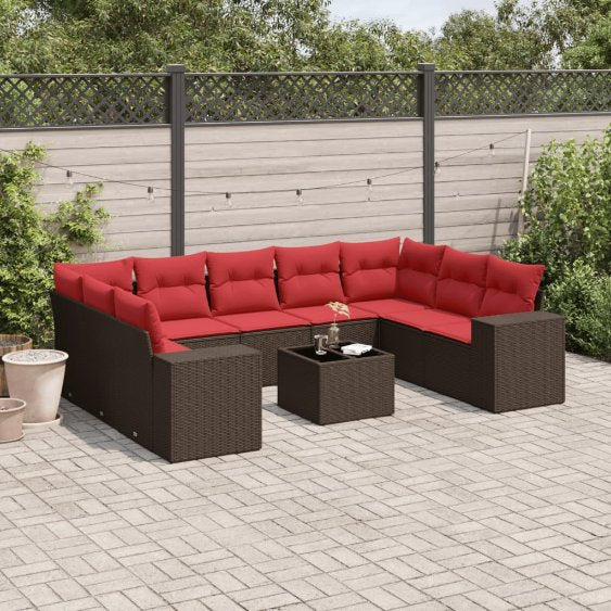 9-teiliges Gartensofa-Set mit Kissen, schwarzes Polyrattan