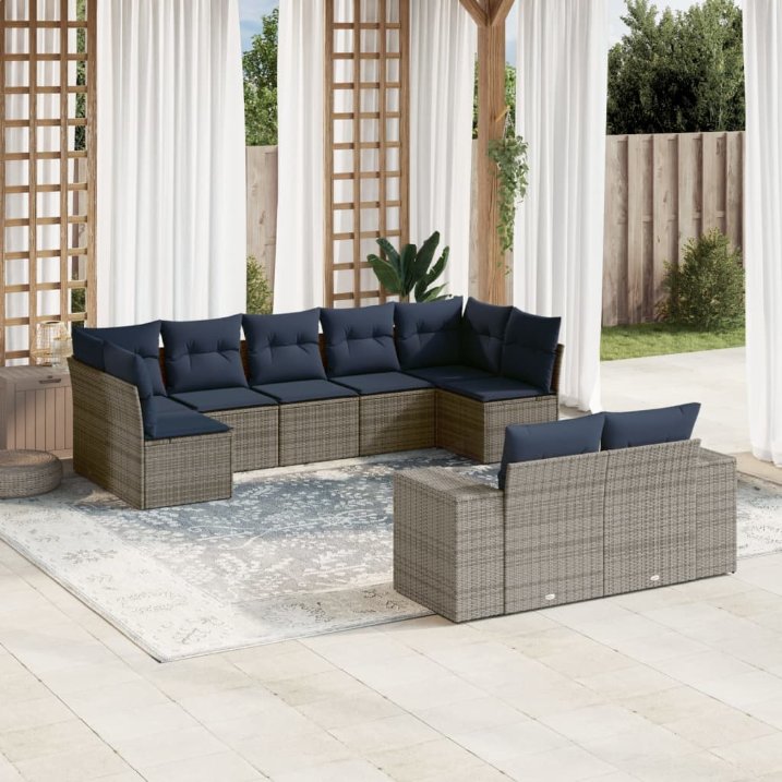 9-teiliges Gartensofa-Set mit Kissen, schwarzes Polyrattan