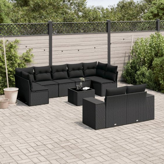 9-tlg. Garten-Sofagarnitur mit Kissen Schwarz Poly Rattan