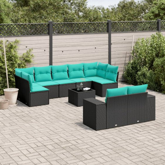 9-teiliges Gartensofa-Set mit Kissen, schwarzes Polyrattan